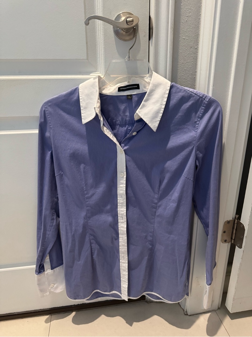 Express women’s Blue Pinstripe Dress Shirt with White Contrast Collar